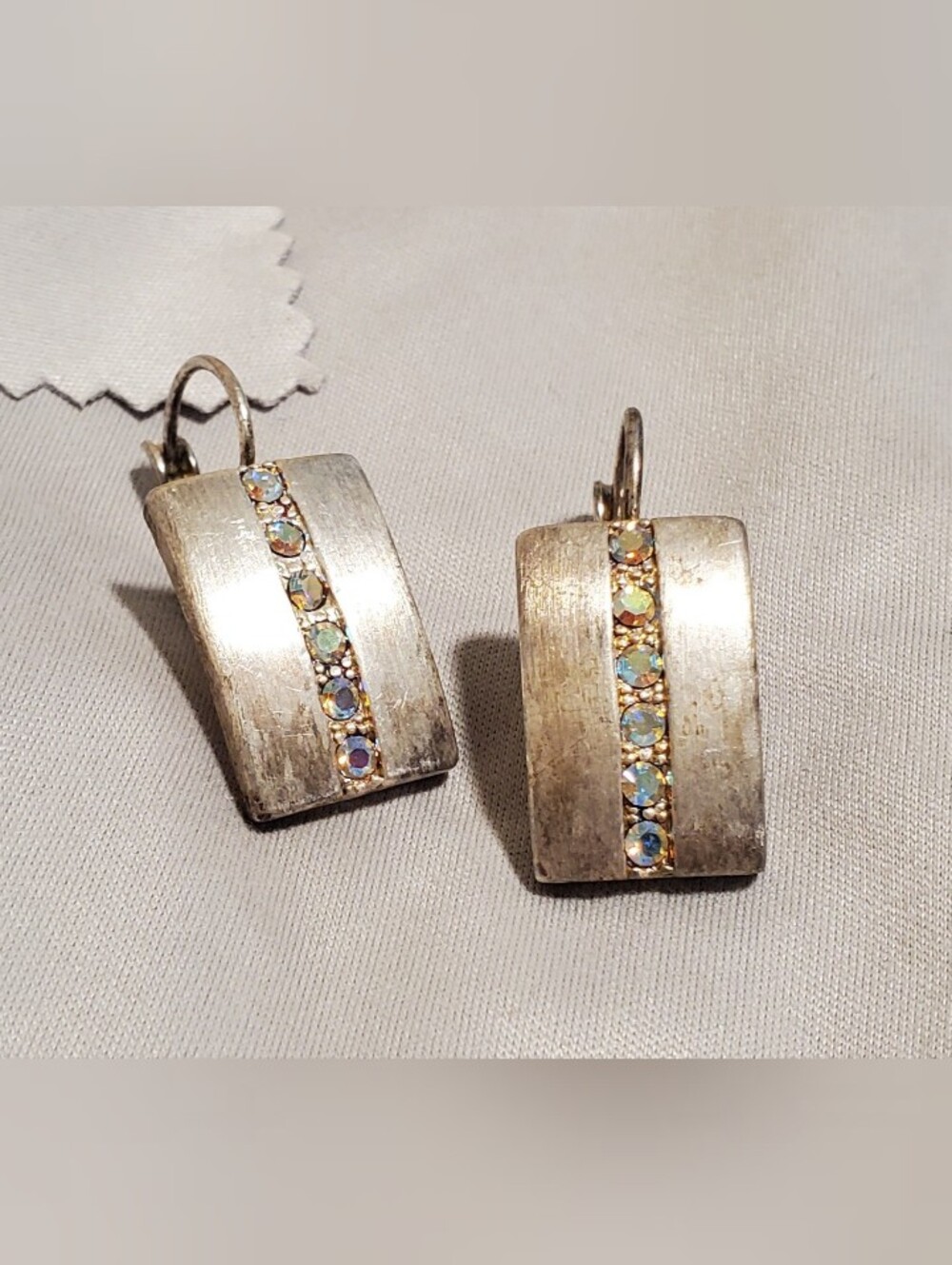 Vintage Mid Century Rectangular Leverback Earrings Aurora Borealis Rhinestones